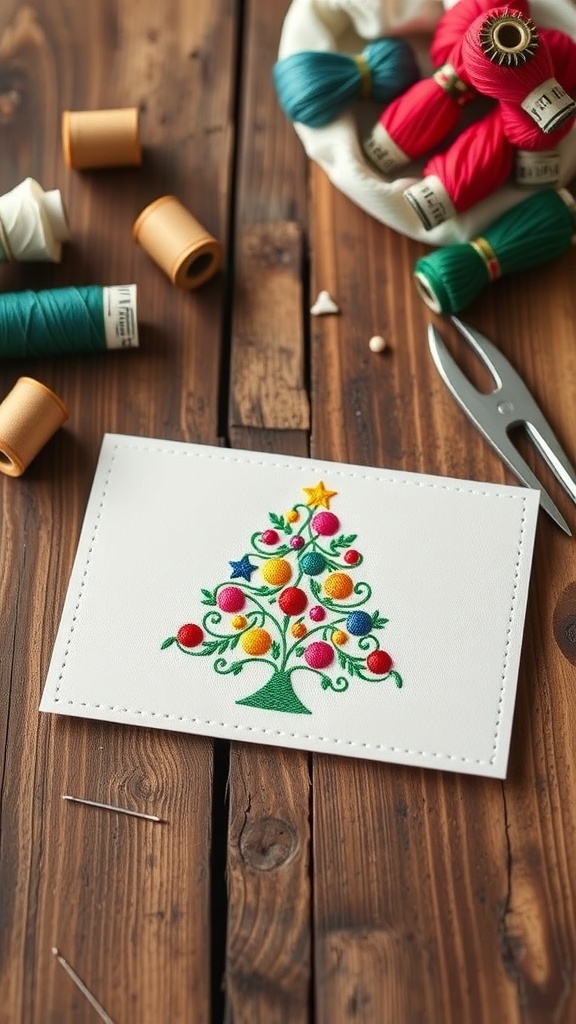 Embroidered Christmas card with a tree design on a wooden table with crafting supplies.